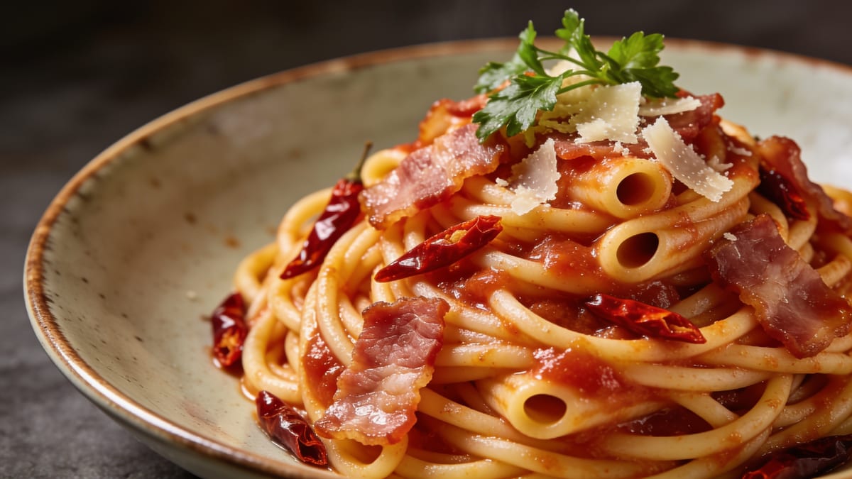 Bucatini all'Amatriciana — Roman Tomato & Guanciale Pasta · Italian main course