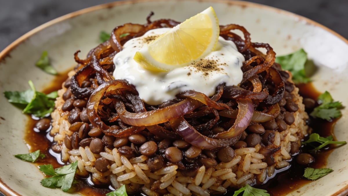 Mujadara — Lebanese Lentils with Rice and Caramelized Onions · Lebanese main course