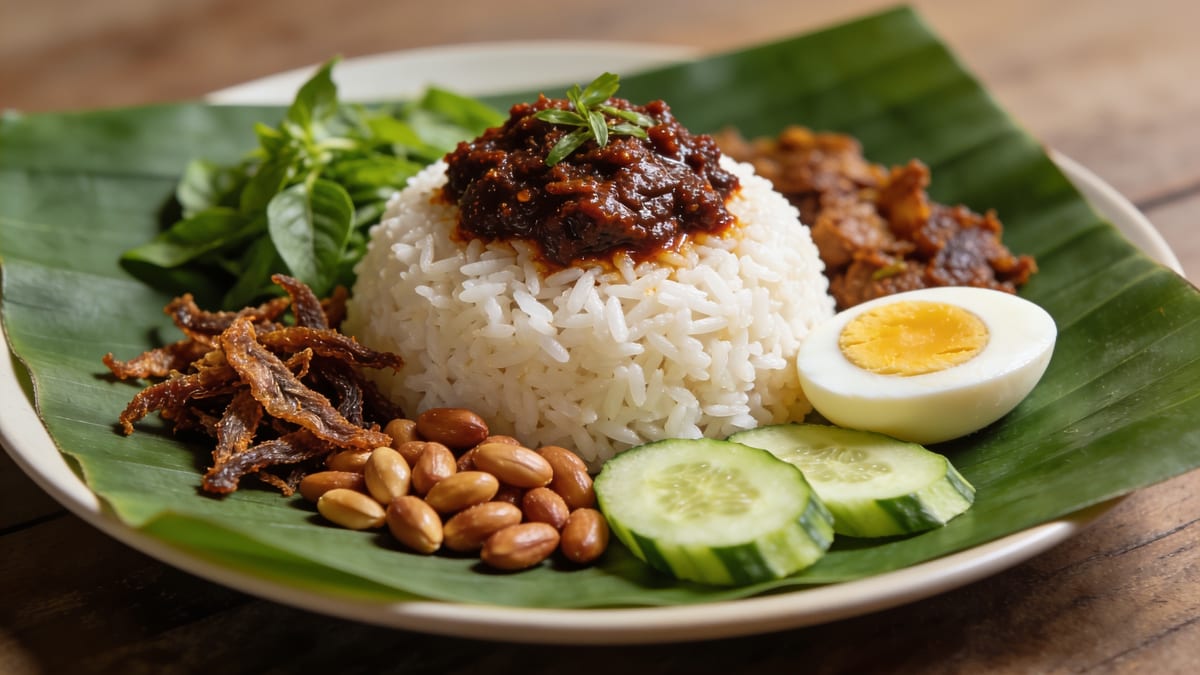 ناسي ليماك — أرز جوز الهند الماليزي مع السامبال · Malaysian main course